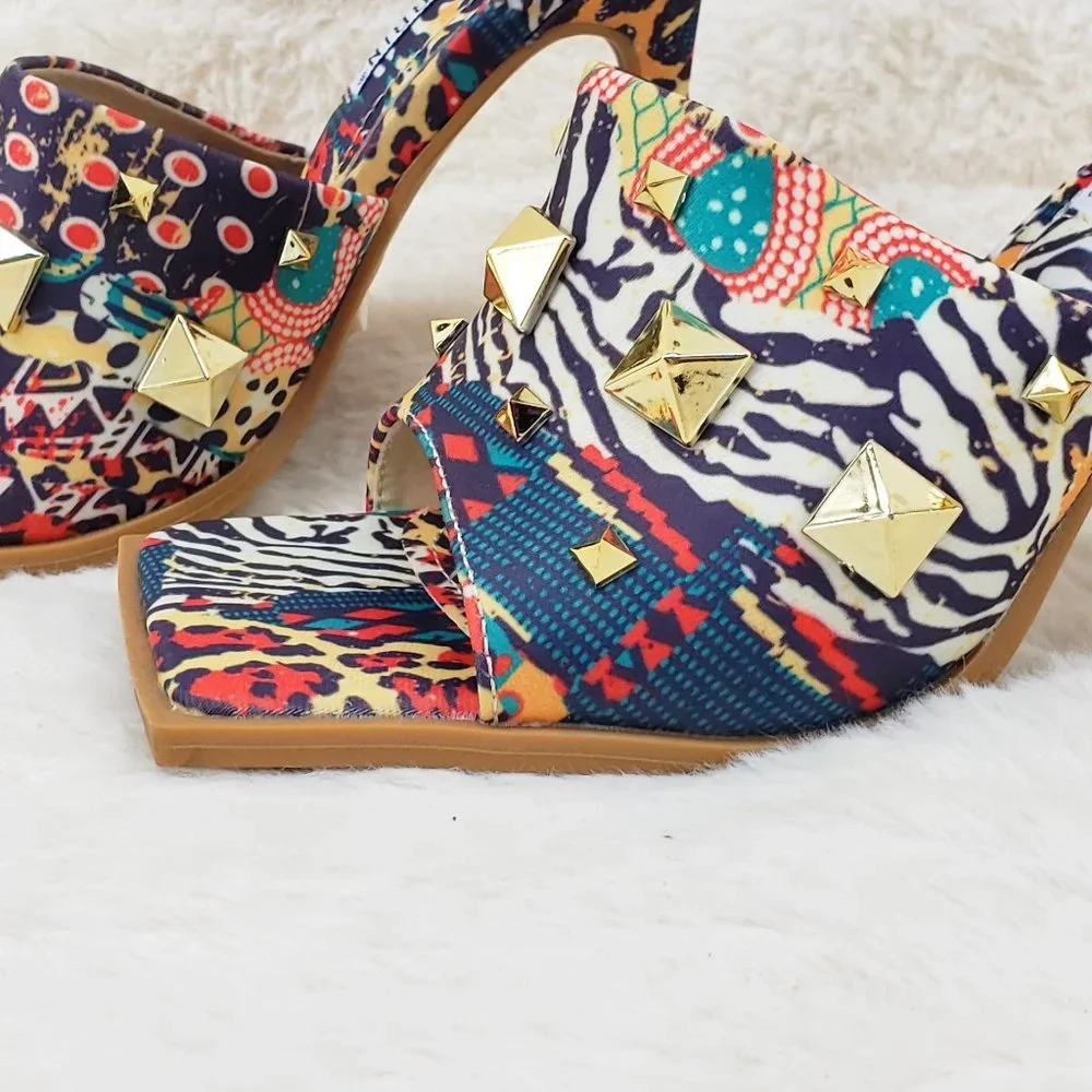 Popo Slip On Sqaure Open Toe High Heels Clogs Mules Slides  multi Color Print - Picture 4 of 9